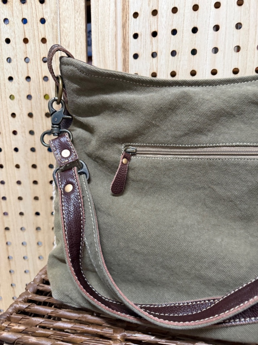 Myra Bag Woven Canvas & Leather Boho Slouch Crossbody Purse - Picture 7 of 12